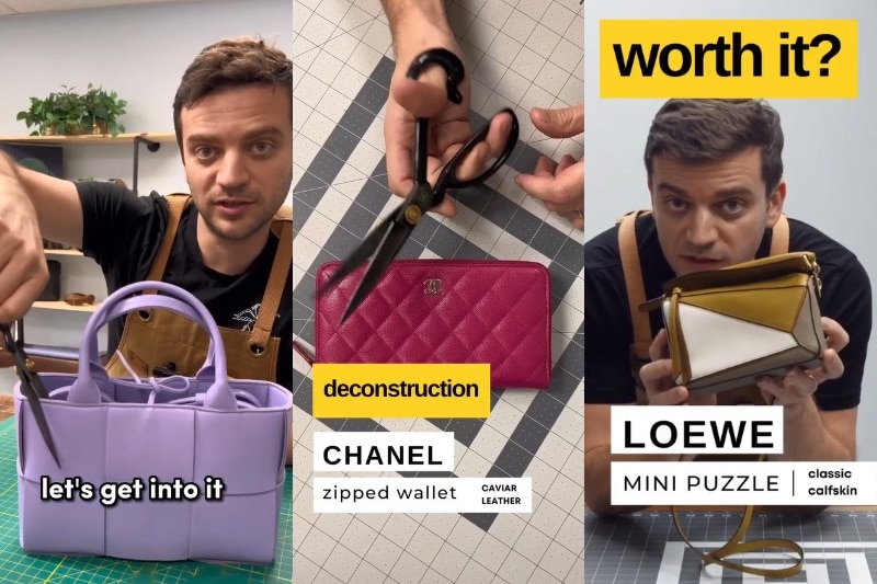 A composite image of a man taking a pair of scissors to luxury leather items
