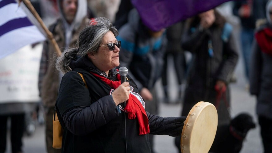 Patty Krawec at a Wet'suwet'en solidarity event at the Canada-U.S. border.