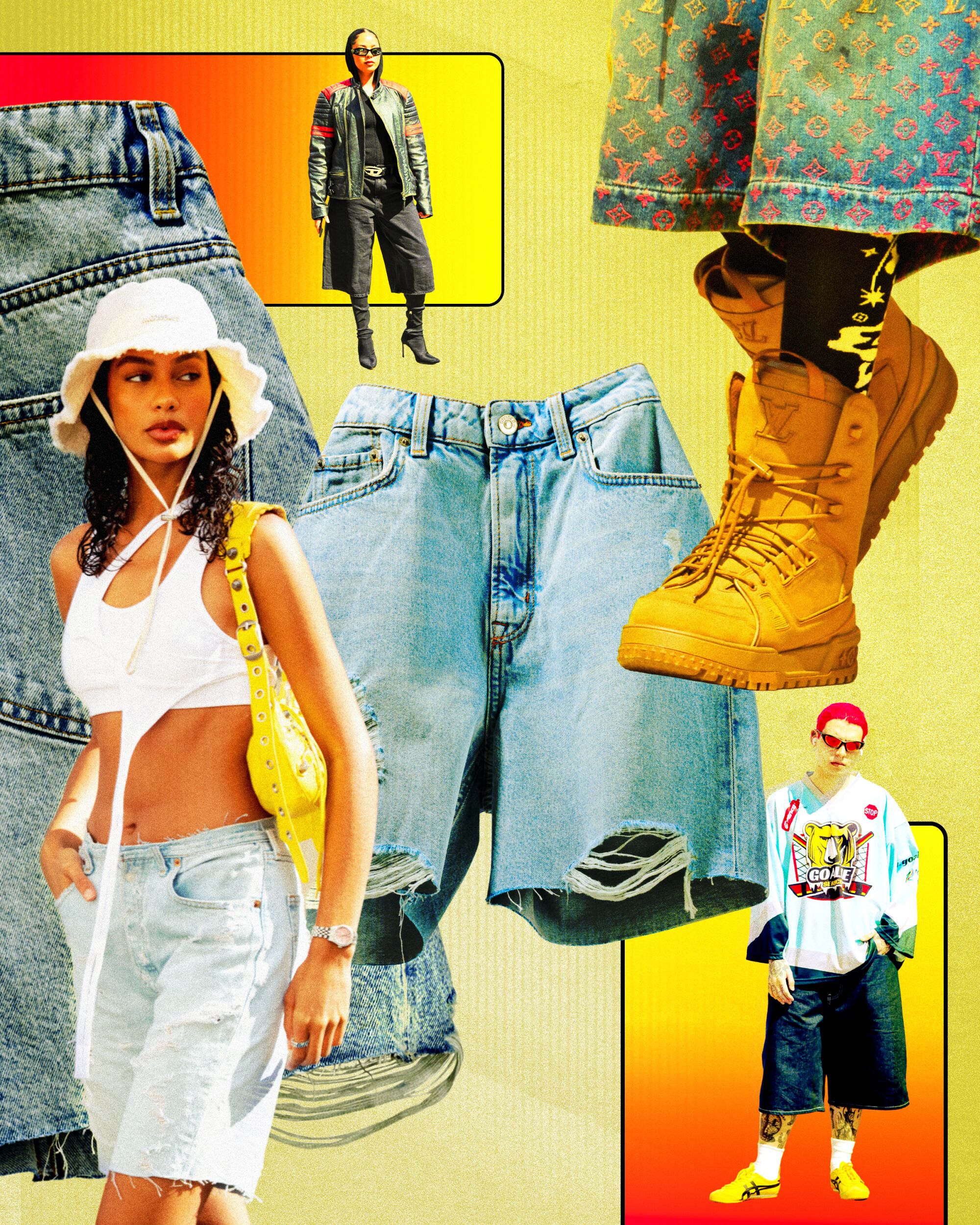 collage of fashion images featuring jorts on a warm, saturated background