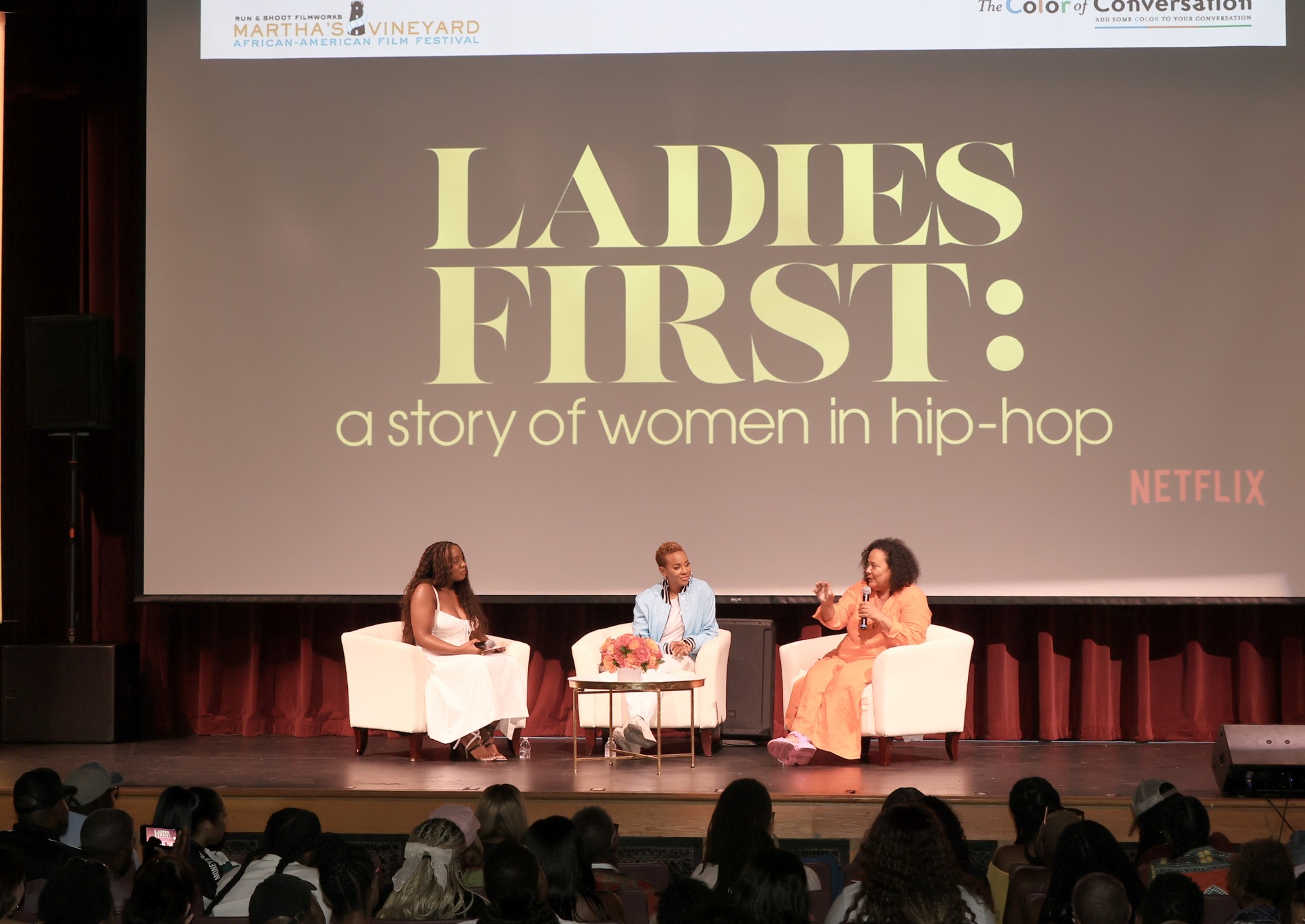 Ladies First director dream hampton MC Lyte and Lindsay Peoples at Ladies First opening screening event at Martha's Vineyard African American Festival. Image: Adrian Bernard. 