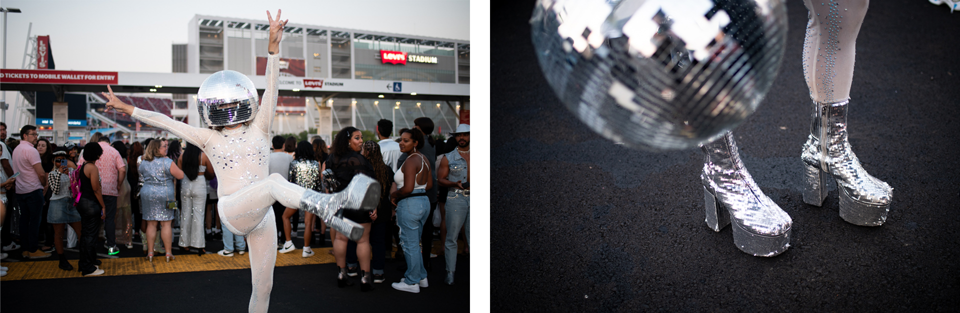 Left: A person wears a disco ball on their head with a white sequined body suit. Right: A person wears sequined platform shoes while holding a disco ball.