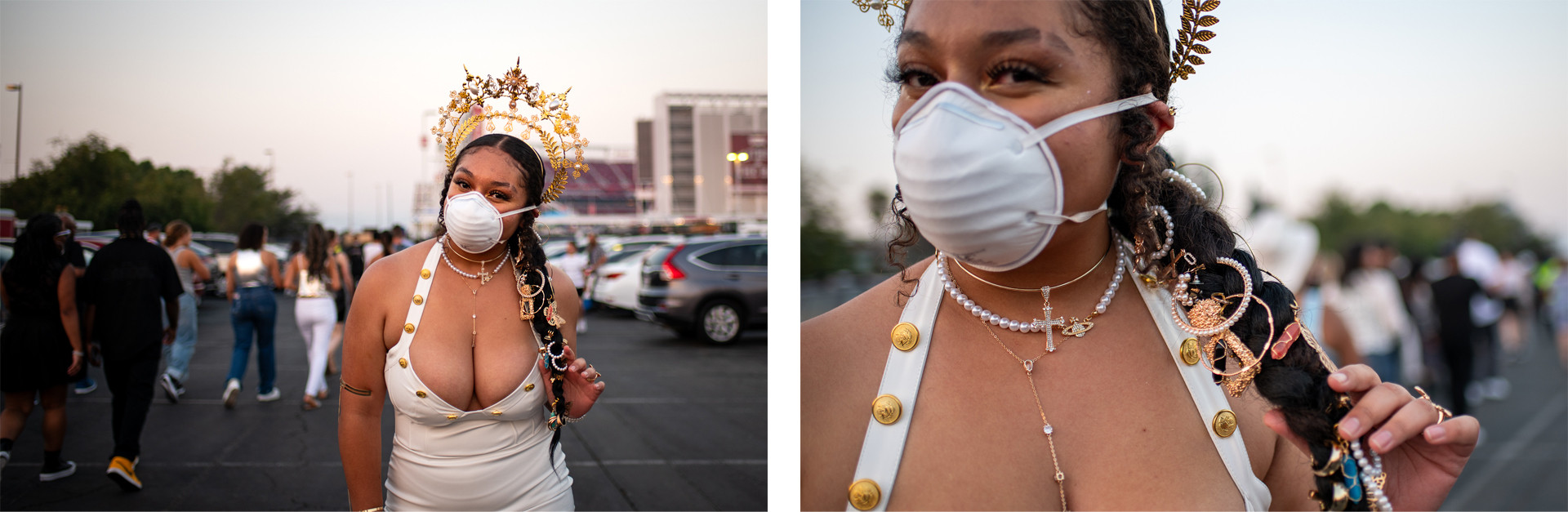 A woman wears a gold headpiece, a N95 face mask, and a white dress in a parking lot.