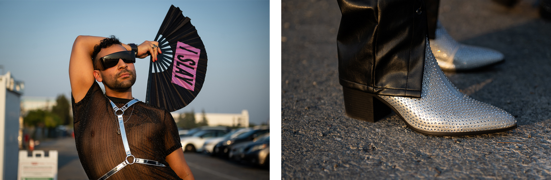 Left: A person holds a fan and wears a silver harness. Right: A person wears silver sequined cowboy boots and black leather pants.