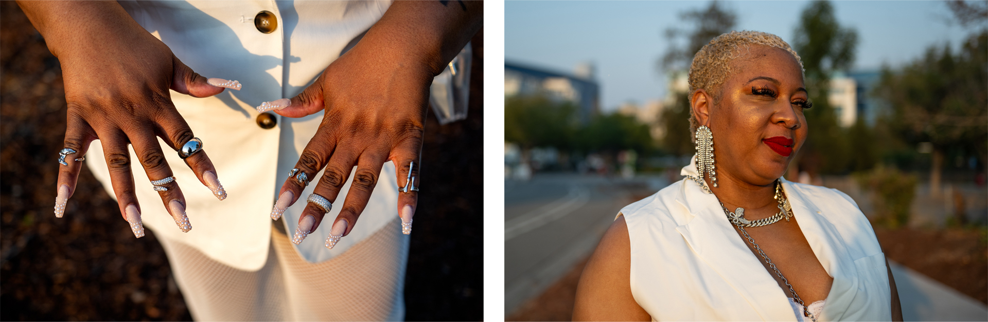 On the left: A woman holds out her manicured nails. On the right: A woman wearing white with long rhinestone earrings looks at the camera.