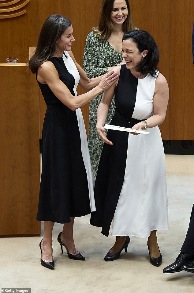 Another sculpted display from Letizia at the Reina Letizia 202 awards in 2021. Here she finds  award winner Inmaculada Vivas Teson wearing exactly the same dress