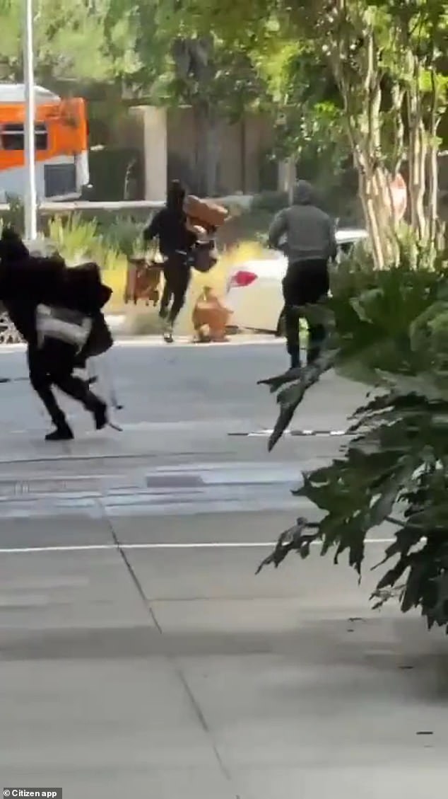 The footage shows men in dark hoodies and face masks ransacking the Nordstrom store at Westfield Topanga Mall, even resorting to attacking security guards with bear spray