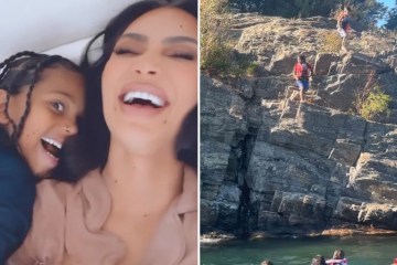 Kim ‘bribes’ terrified son Saint to jump off dangerous rocky cliff in video