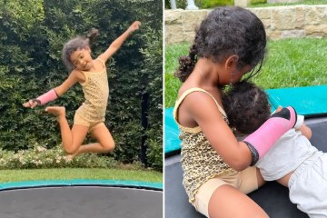 Fans ‘disgusted’ as Khloe lets True on trampoline with injured arm in hurricane