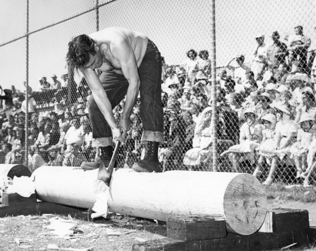 In 1960 Gus Russel from Oregon wins 2nd place title in Log Chopping event (Photo contributed by Mendocino Coast Historical Society)