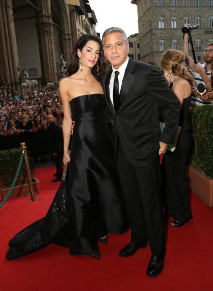 clooney wearing a strapless black gown