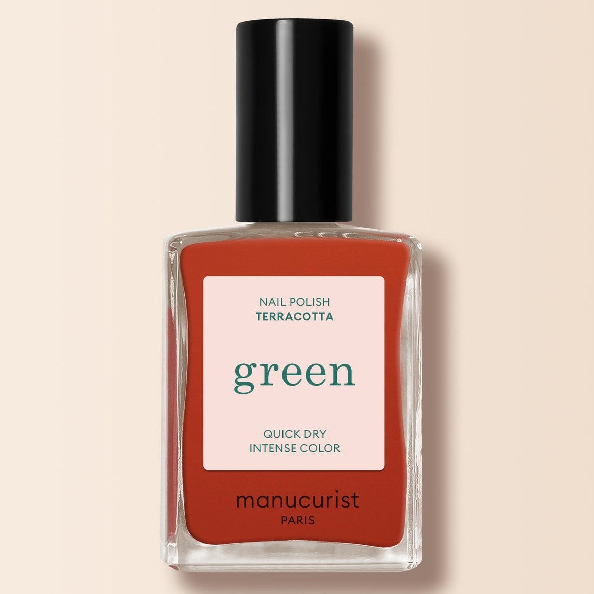 Manucurist Paris Green Natural Nail Polish in Terracotta square bottle of terracotta nail polish with black cap on white background