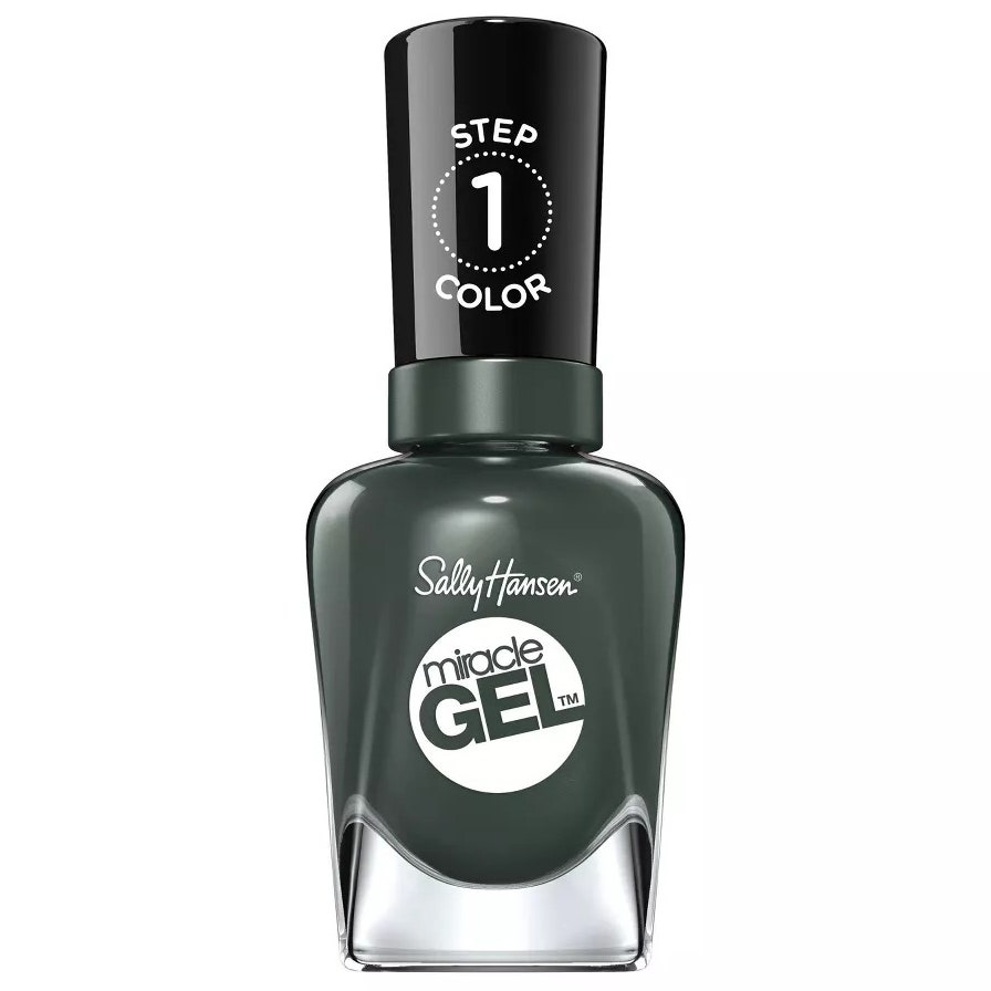 Sally Hansen Miracle Gel in Leaf Me Be bottle of dark green nail polish with black cap on white background