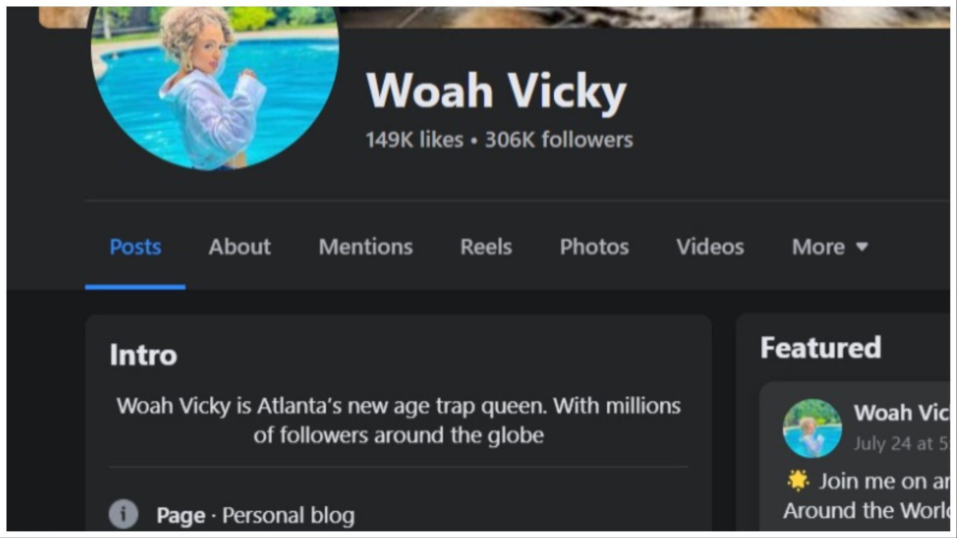 Woah Vicky's Facebook page mentions her as a trap queen (Image via Facebook / Woah Vicky)