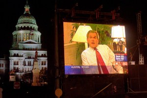(Original Caption) A television screen set up in front of the Austin Capitol Building the night of the election. (Photo by Robert Daemmrich Photography Inc/Sygma via Getty Images)