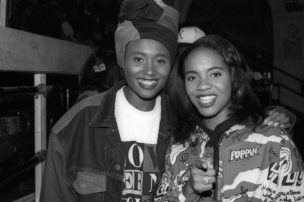 new york, new york october 08 host dee barnes aka sista d and mc lyte aka lana moorer appear backstage at the sisters in the name of rap concert and television special at the ritz on october 8, 1991 in new york city photo by al pereiragetty imagesmichael ochs archives
