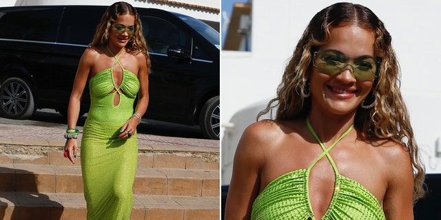 Rita Ora wearing a lime green dress in Ibizia
