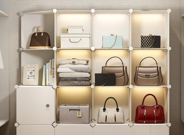 A variety of luxury handbags in a storage area