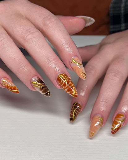 Try a crocodile print design with caramel nail polish. 