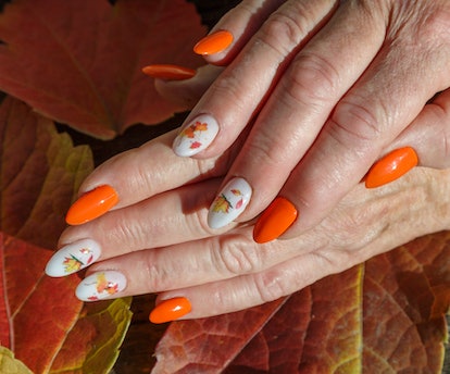 Female hands with manicure and with autumn leaves