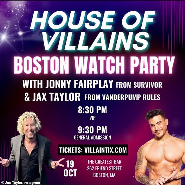 'Boston here I come!' Jax clearly got along with fellow contestant - Survivor alum Jonny 'Fairplay' Dalton (L) - as the pair are co-hosting a watch party for the second episode at The Greatest Bar in Boston, MA on October 19