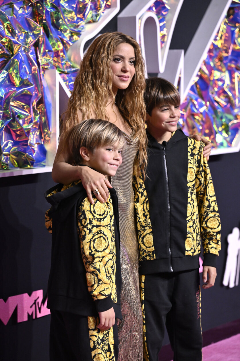 Sasha Pique Mebarak, from left, Shakira, and Milan Pique Mebarak arrive at the MTV Video Music Awards on Tuesday, Sept. 12, 2023, at the Prudential Center in Newark, N.J. (Photo by Evan Agostini/Invision/AP)