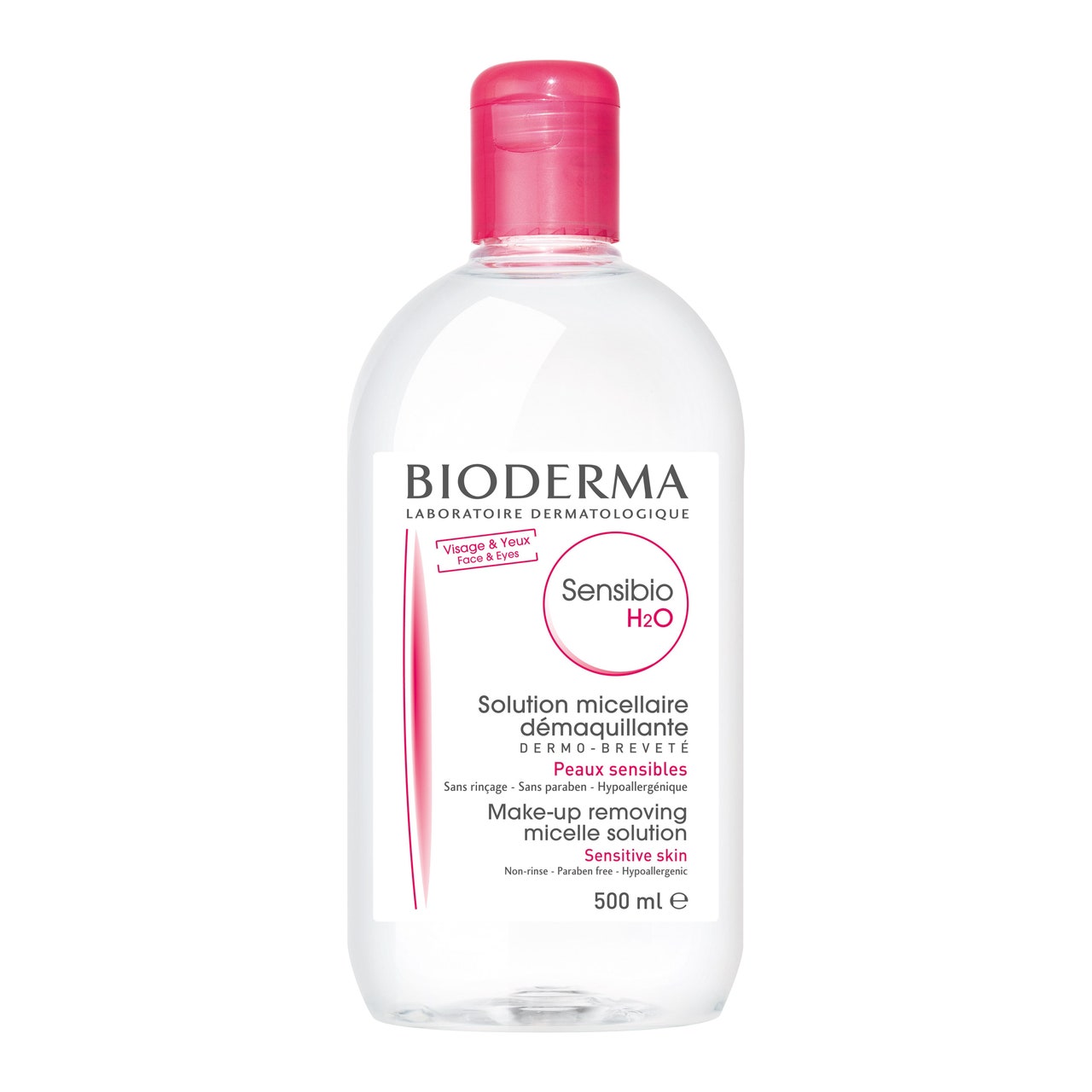 Bioderma Sensibio H2O Micellar Water bottle with pink cap on white background