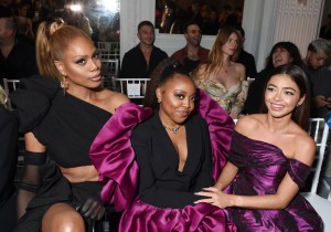 Laverne Cox, Quinta Brunson and Sarah Hyland at the Christian Siriano Spring 2024 Ready To Wear Fashion Show at the Pierre Hotel on September 8, 2023 in New York, New York.