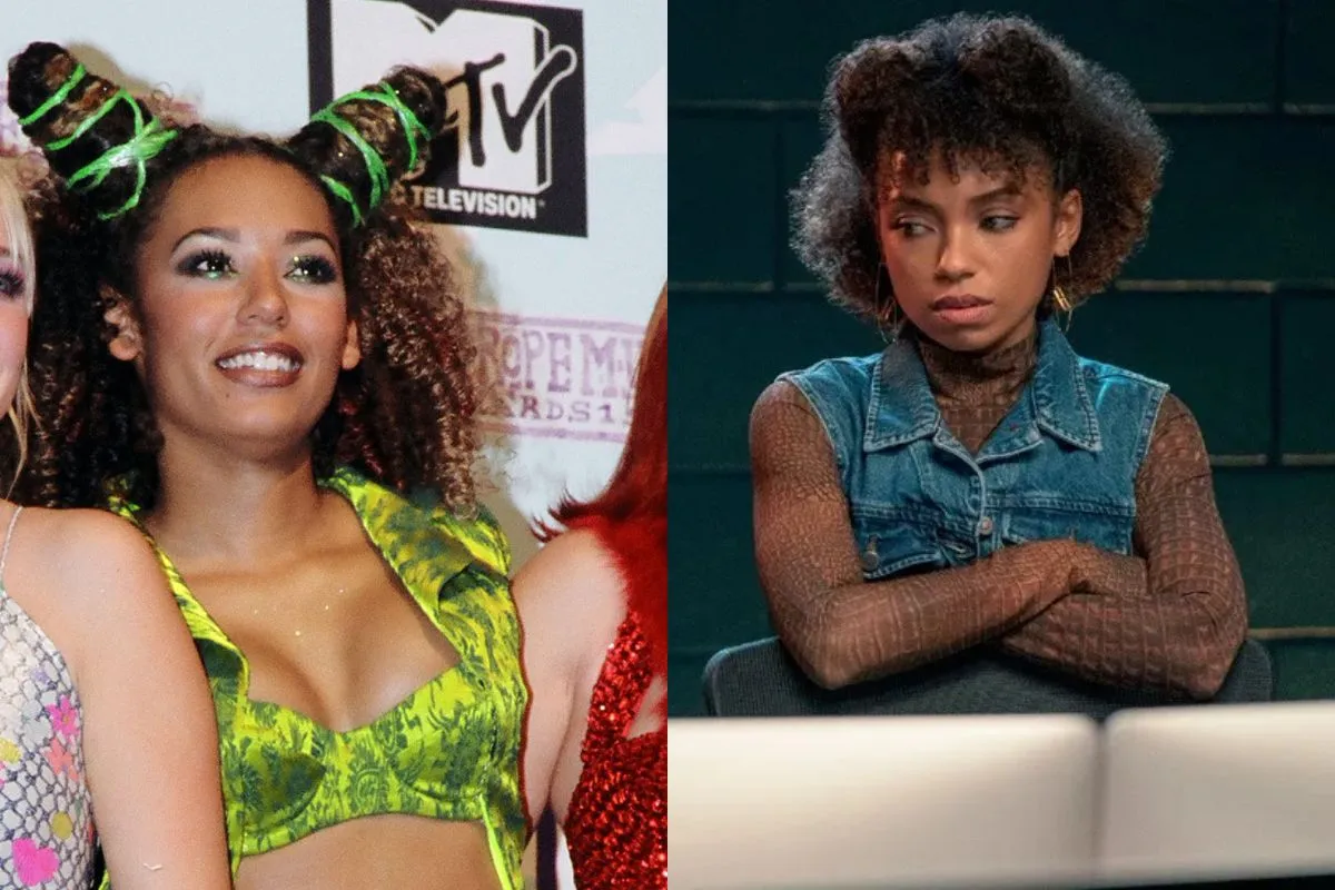 Mel B and Logan Browning 25 years apart wearing afro puffs / space buns half up half down.