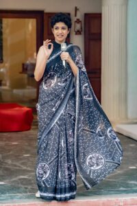 Vino Supraja's exclusive Purisai therukoothu inspired saree. (Supplied)