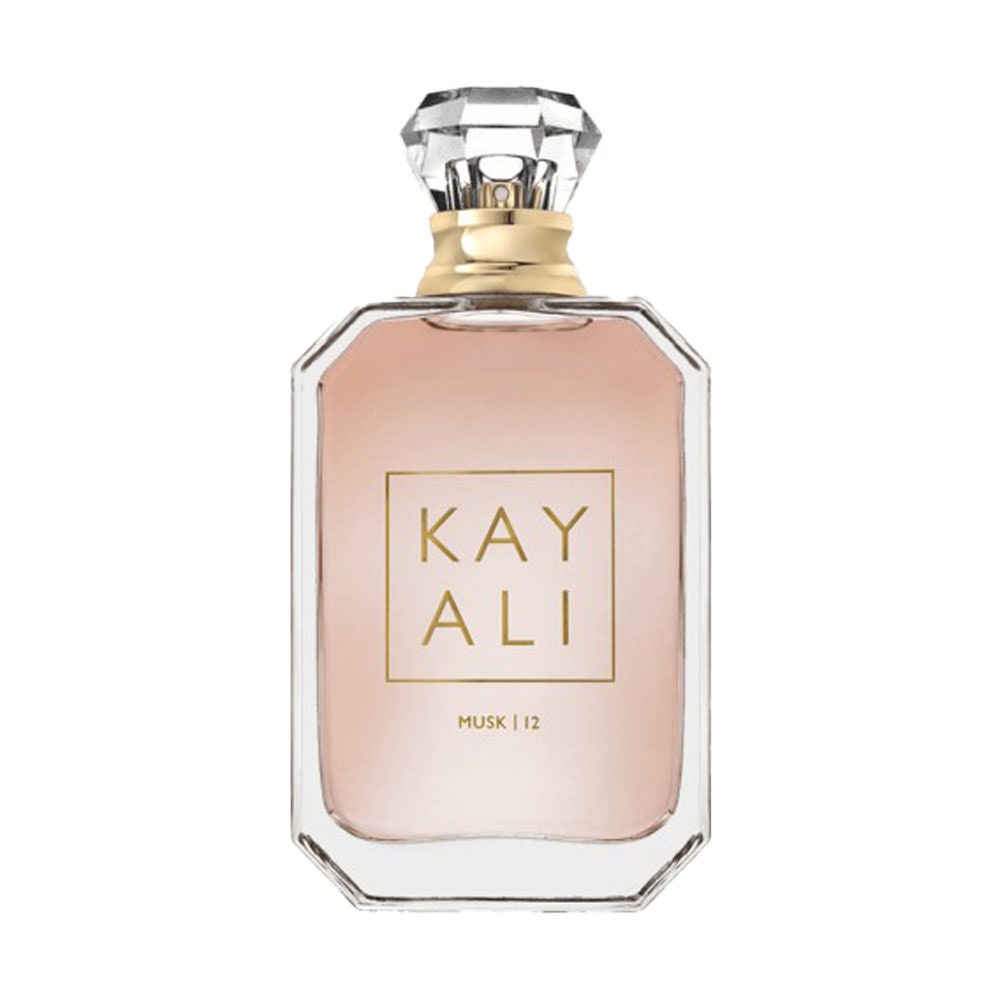 Kayali Musk perfume bottle with pink fluid on white background