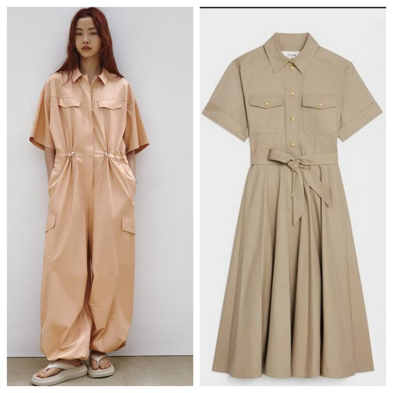 Zara jumpsuit, left, Dh299, and Celine Safari dress, Dh6,900. Photos: Zara / Celine 