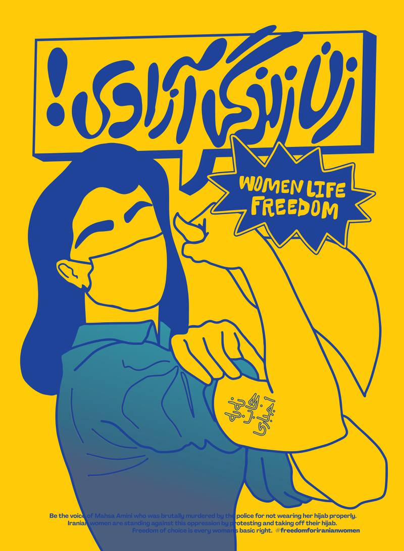 Iranian Women of Graphic Design provided hundreds of art and protest posters in support of the revolution through an open access drive on the internet, including Ghazal Foroutan's 'The Persian Rosie' digital illustration. Photo: Saqi Books
