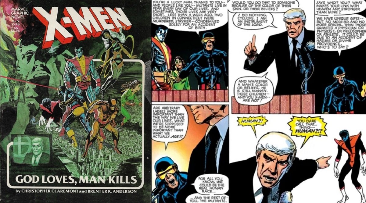 Cover and interior art from X-Men: God Loves, Man Kills, the seminal X-Men OGN from 1982. 