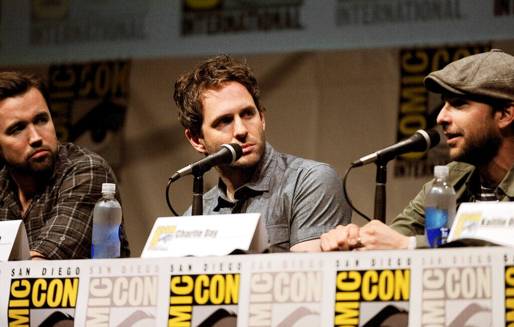 From left, actors Rob McElhenney, Glenn Howerton and Charlie Day attend the FX 