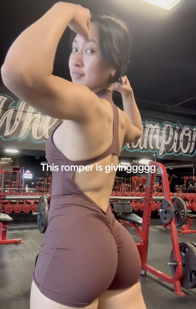 Grace revealed her new active wear, a chocolate brown romper with a scrunch butt detail