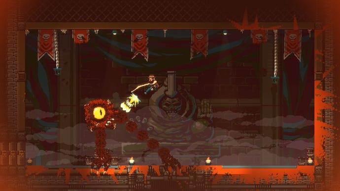 The hero jumps into the air to shoot a one-eyed monster boss in Gunbrella