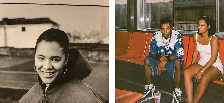 2 photos: sepia-toned portrait of short-haired woman in hoodie; man and woman sitting on orange chairs near ferry window