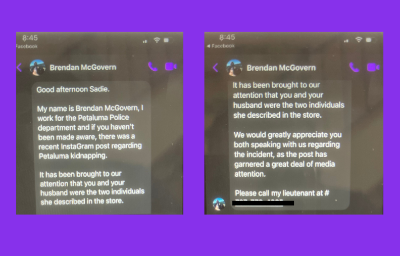  A screenshot of the Facebook message Sadie Martinez received from Petaluma police officer Brendan McGovern in December 2020.