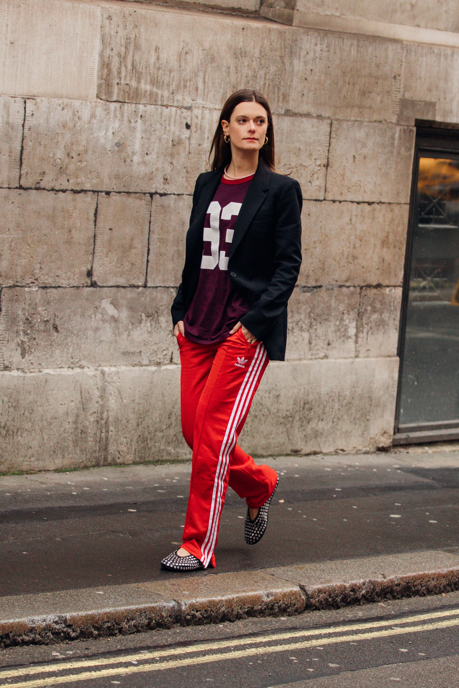 Vogues Laura Hawkins in Adidas tracksuit bottoms.