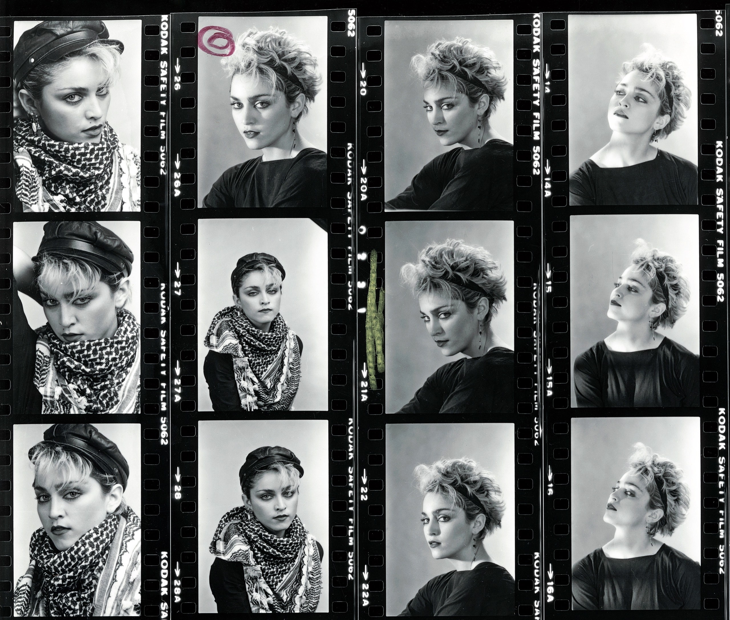 Film strips of Madonna in various poses.