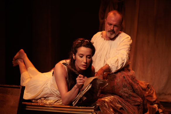 Shakespeare (Anthony Gooley) poaches the lines of Aemilia Lanyer (Adele Querol).