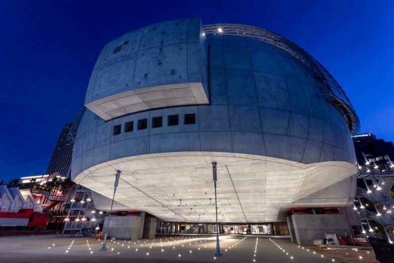 The Academy Museum of Motion Pictures's David Geffen Theater exterior taken at dusk.