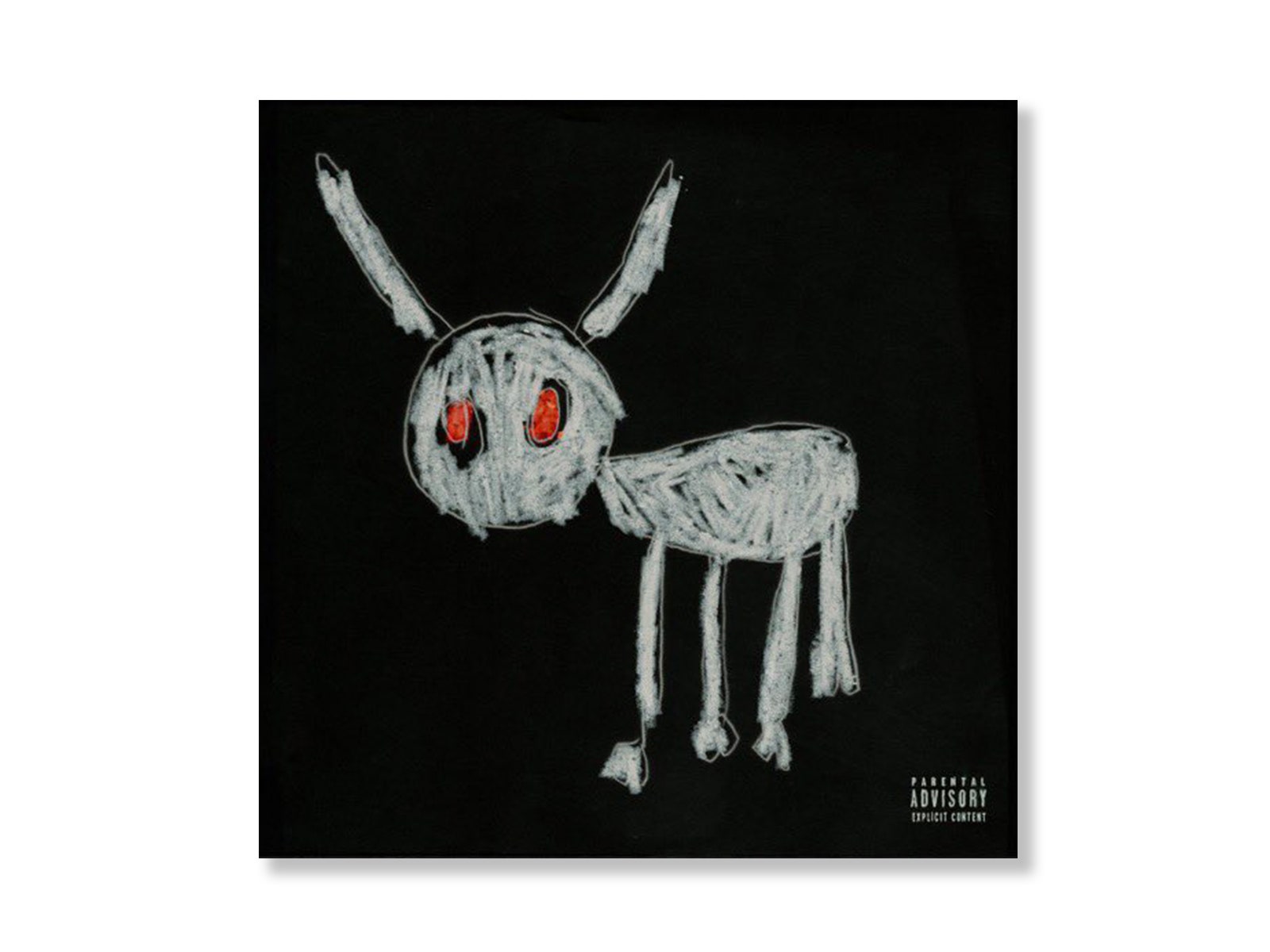 Album art work for Drake's For All The Dogs on a white background  the album artwork is a drawing of a dog with red eyes