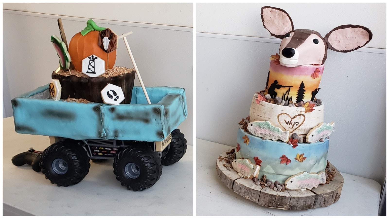 At left, a remote-controlled car carries the basket spice cake and pumpkin-shaped chocolate Guinness cake made by the Baddie Bakers. At right is 