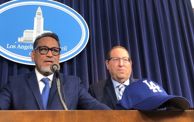 Los Angeles City Council members Gil Cedillo and Paul Koretz discuss their resolution urging Major Leage Baseball to award the Los Angeles Dodgers the 2017 and 2018 World Series championships. Photo: Elizabeth Chou, LA Daily News