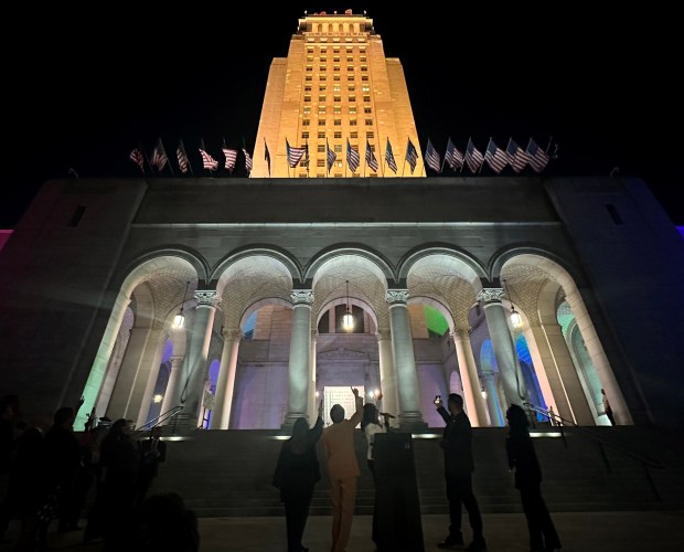 Mayor Karen Bass and other dignitaries look on as the city hall is lit during a LA for All celebration as part of a weeklong campaign in solidarity against hate and discrimination in Los Angeles on Thursday, September 28, 2023. (Photo by Keith Birmingham, Pasadena Star-News/ SCNG)