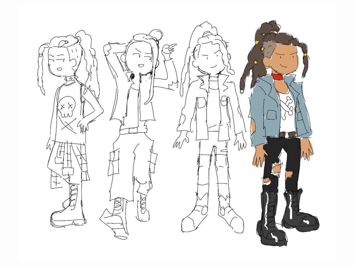 Concept at of Marshall Lee for Adventure Time: Fionna and Cake. There are four mock-ups. The first three are sketched out in back and white and and third in color. It shows early art of Marshall with longer locs.  