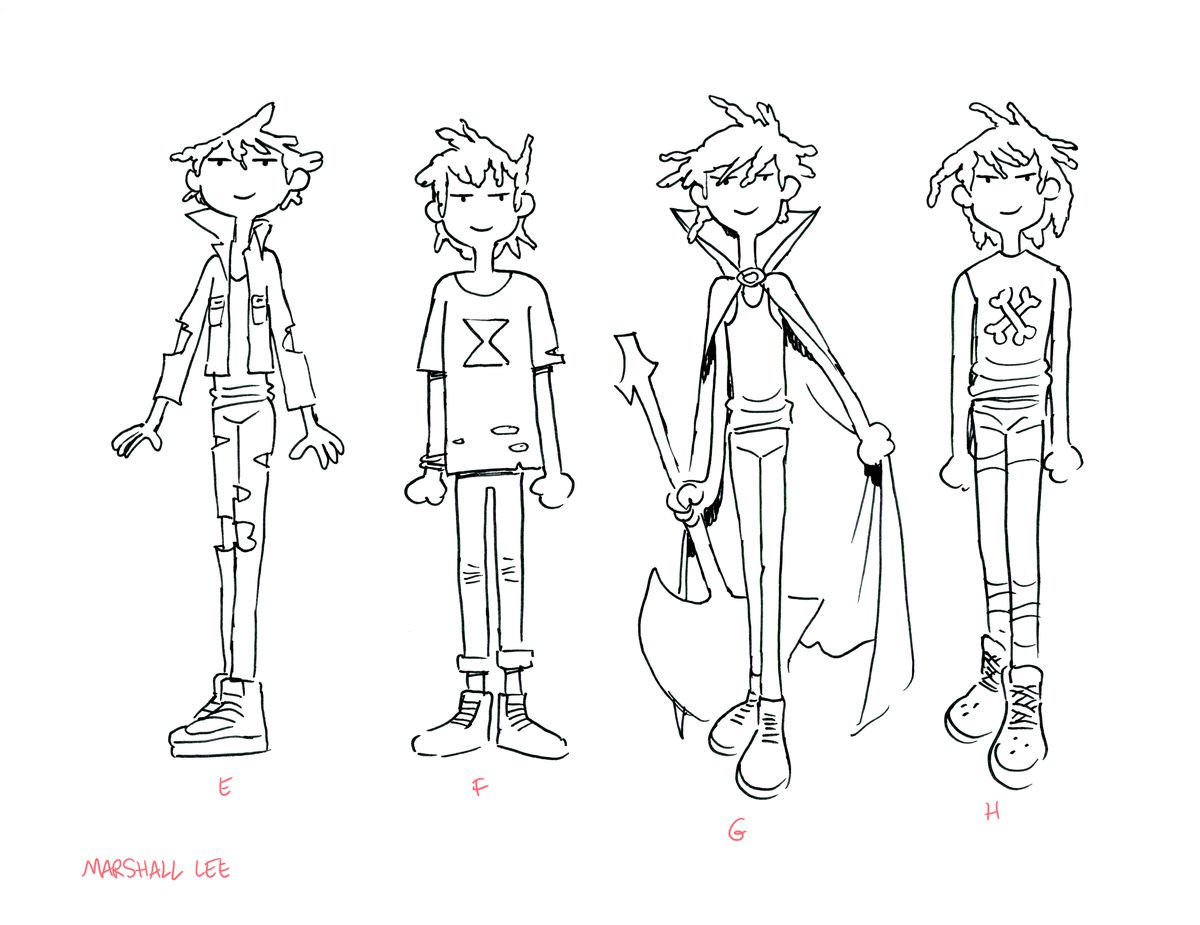 Concept art for Marshall Lee in Adventure Time: Fionna and Cake showing four different black and white drawings. The first shows him in a jacket, the second an oversized shirt, the third with a guitar and vampire cloak, and the fourth with a muscle tee. 