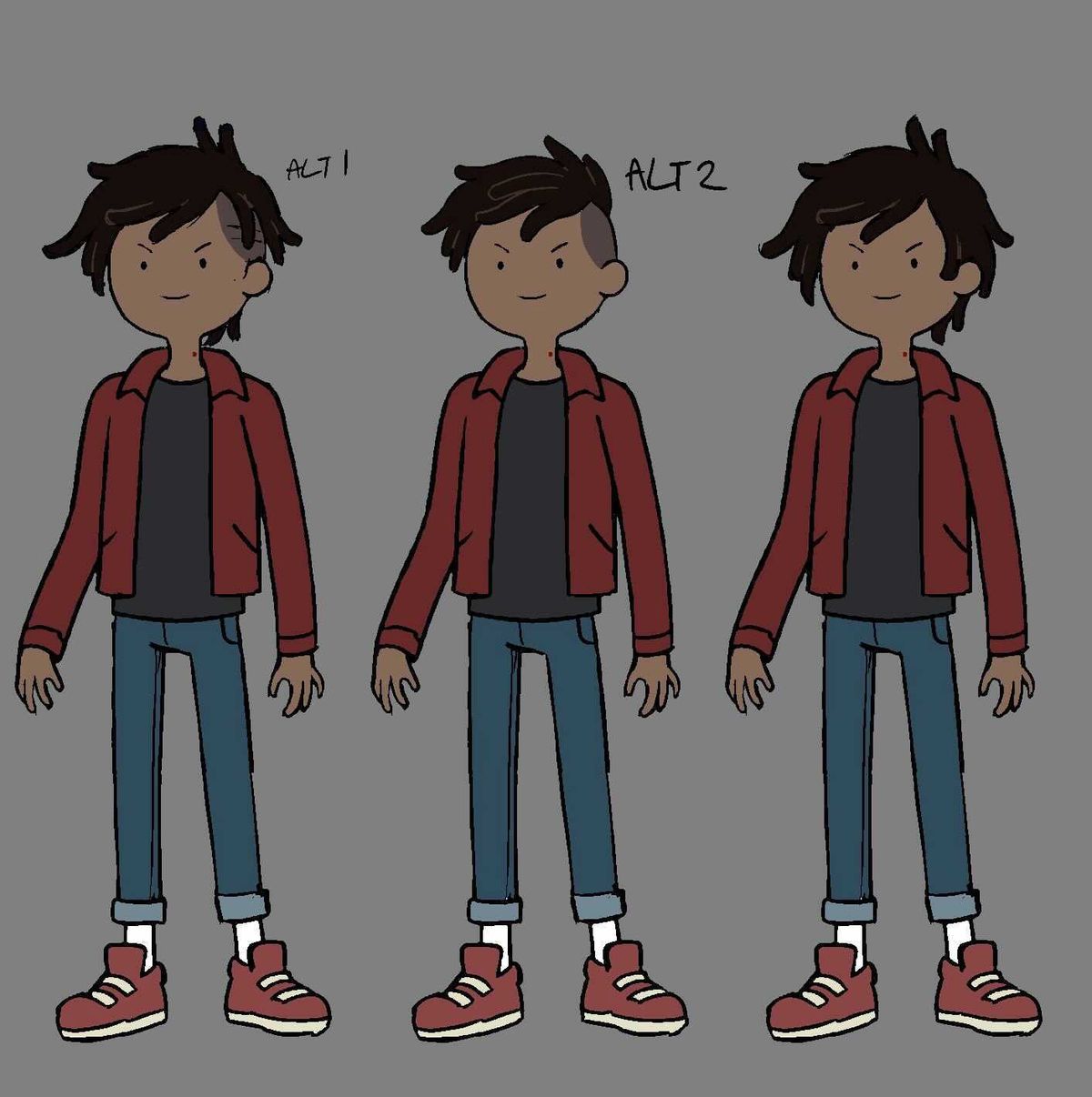 Concept art showing three alternate versions of Marshall Lee in Adventure Time: Fionna and Cake. Each color mock-up has a slightly different hairstyle.