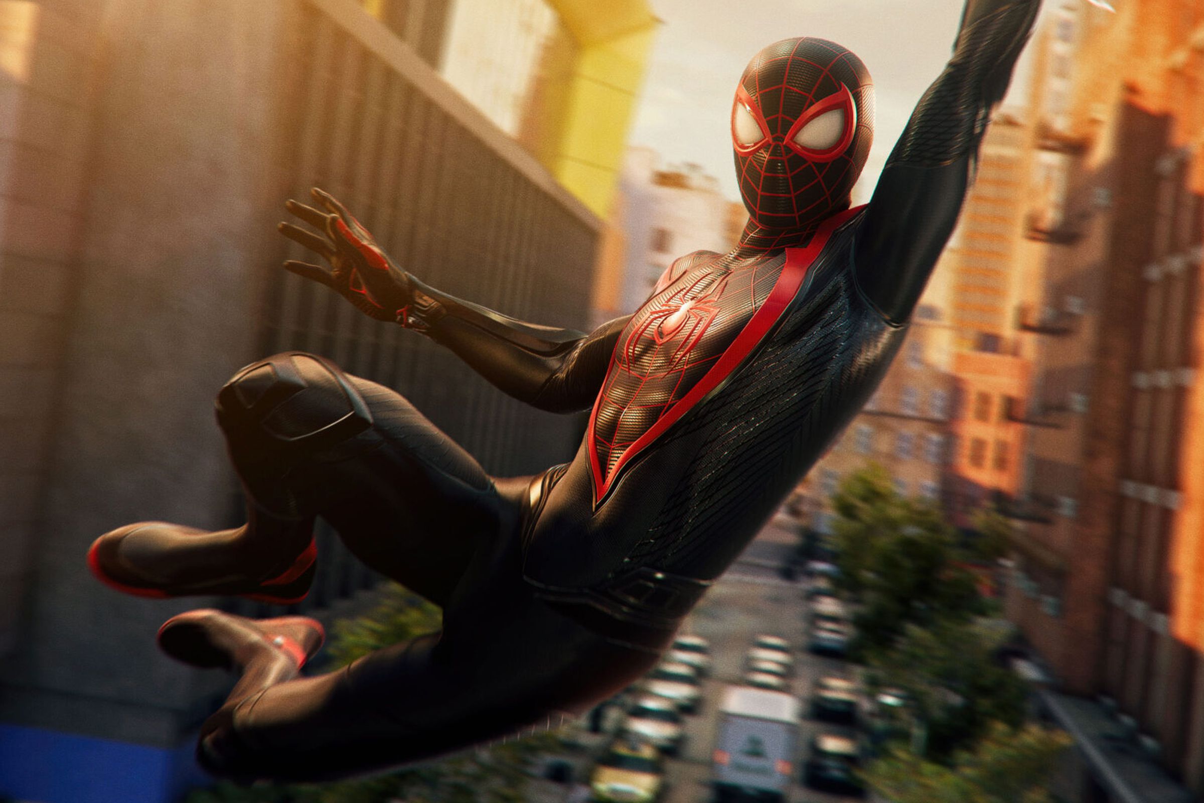 A close-up image of Spider-Man swinging through New York City during sunset.